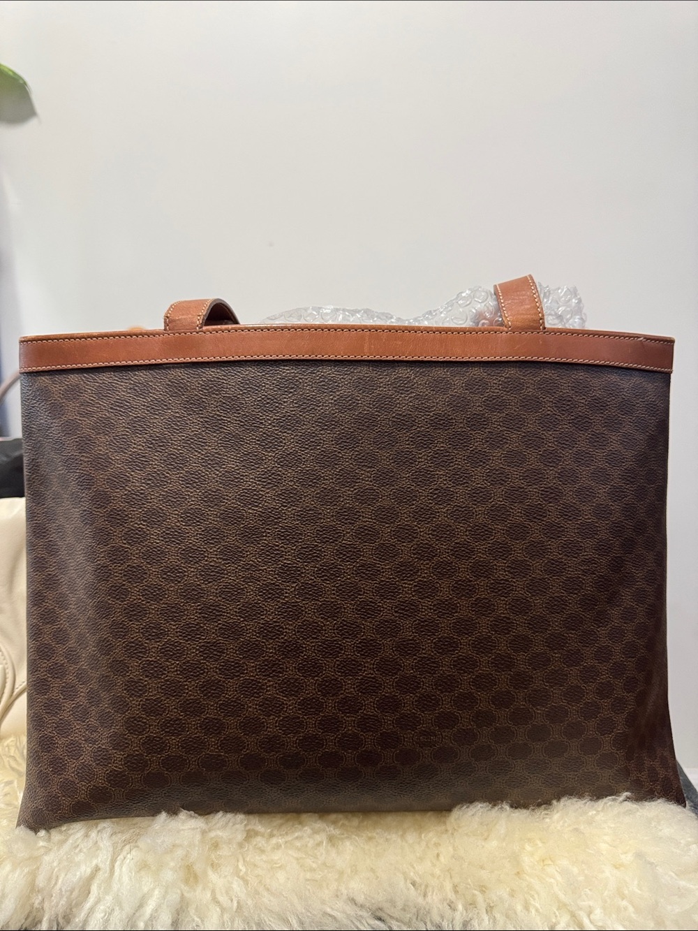 Celine Brown Monogram Tote with Tan Leather Trim